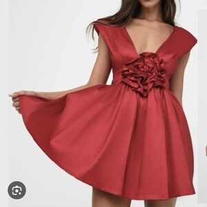 NWT | For Love and Lemons Deep V Neck Self Tie Bow Belt Rose Mini Dress Red XS